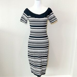 Michael Kors Off Shoulder Sheath Dress Ribbed Knit Striped Navy Blue White Small